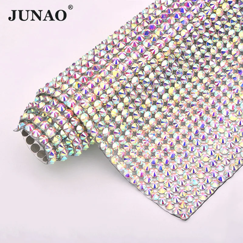 JUNAO 24*40cm SS20 di Cristallo AB di Vetro Hotfix Strass Maglia Trim Ferro Sul Tessuto di Cristallo Applique Strass Nastro banding Per L\'artigianato