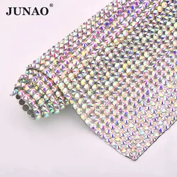 JUNAO 24*40cm SS20 di Cristallo AB di Vetro Hotfix Strass Maglia Trim Ferro Sul Tessuto di Cristallo Applique Strass Nastro banding Per L'artigianato