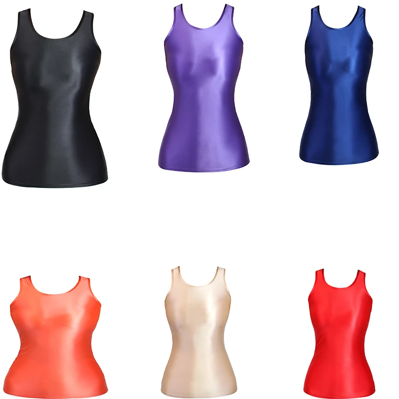 DROZENO Tank Tops Sexy Solid 8 Colors  Slim Fit Glossy Short Top Sexy Women Sleeveless U Vest Pure Black/White High elastic vest