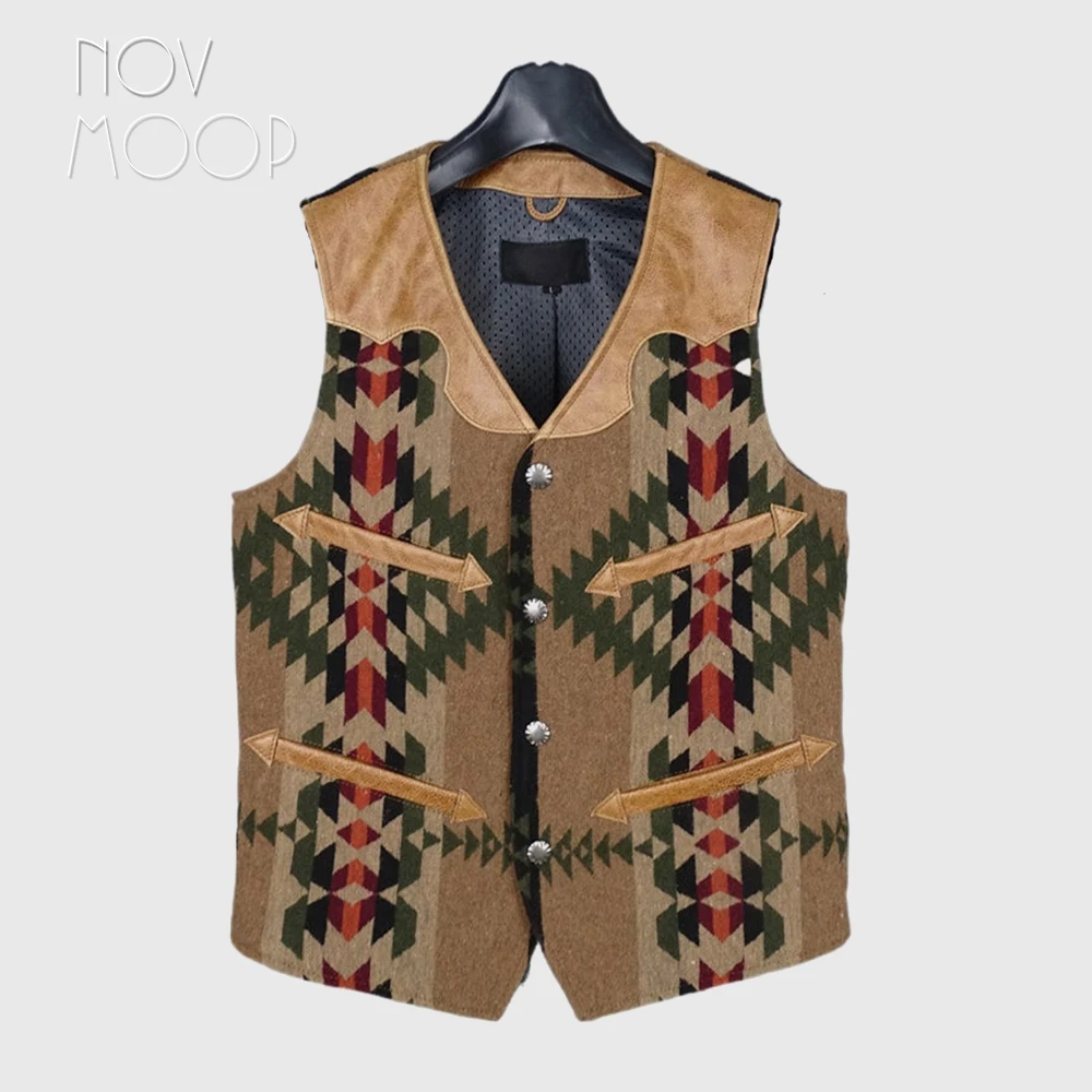 Novmoop natural cowhide oil wax genuine leather men's vest vintage style patched with Navojo pattern jacquard wool LT3481