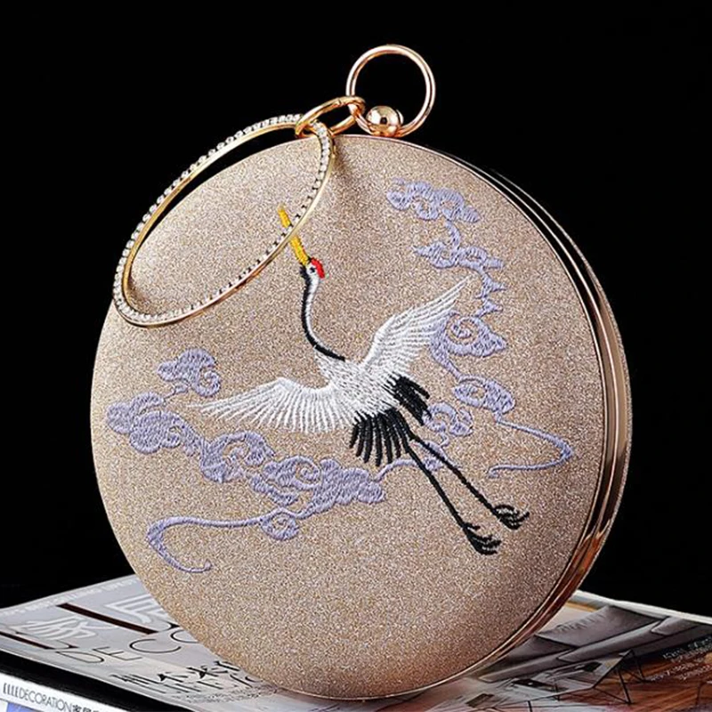 Round Evening Bag Clutch White/Black/Gold Lady Clutch  Women’s Embroidered Crane Top-Handle Purses And Handbags Female Clutches