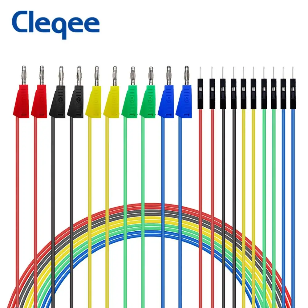 Cleqee P1532 10pc Fios Jumper Macho para mm Empilhável Banana Plug Silicone Dupont Cabo Eletrônico Faça Você Mesmo Kit para Arduino Tábua de Pão