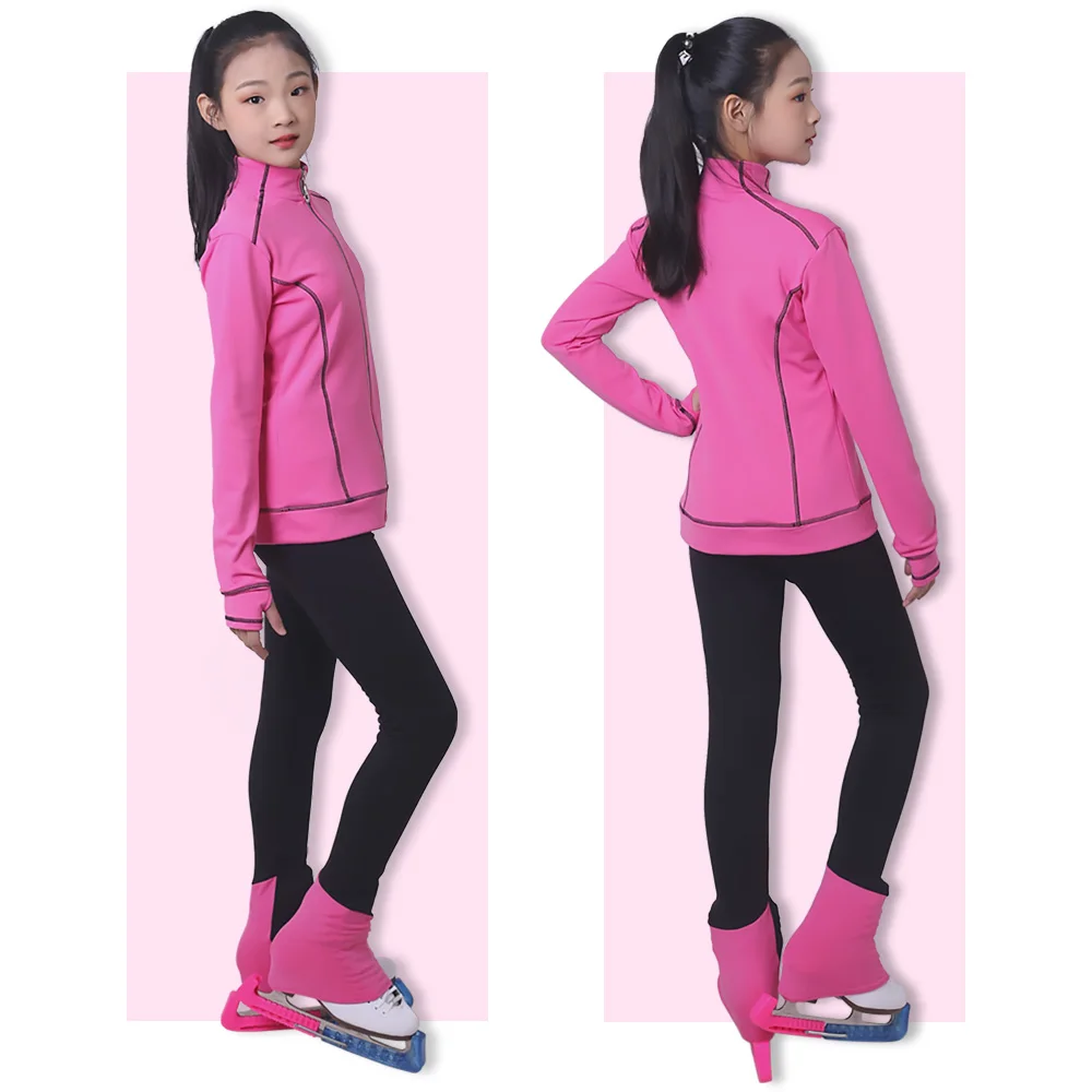 Customized Figure Skating Suits Jacket and Pants Long Trousers for Girl Women Training Ice Skating Warm black pink Mesh sleeve