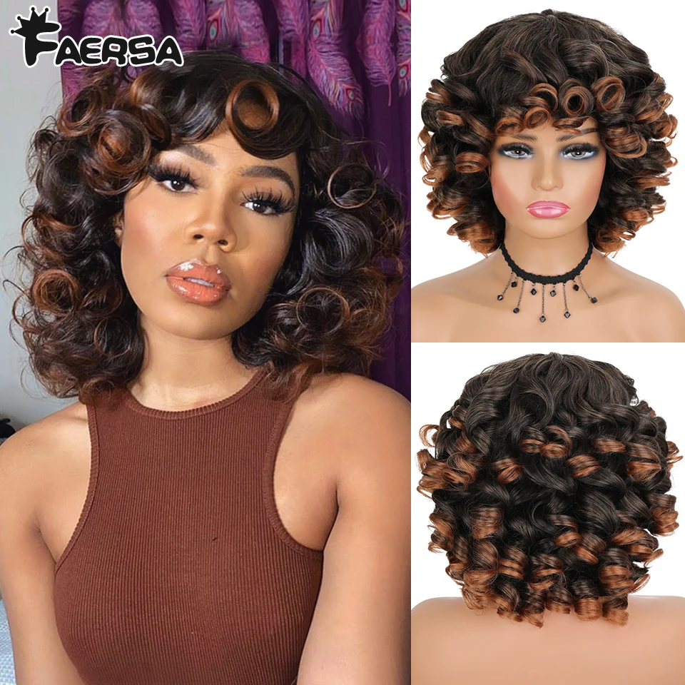 Pelucas Afro rizadas de pelo corto con flequillo para mujeres negras, esponjosas, sintéticas, africanas, ombré, Cosplay, Marrón Natural