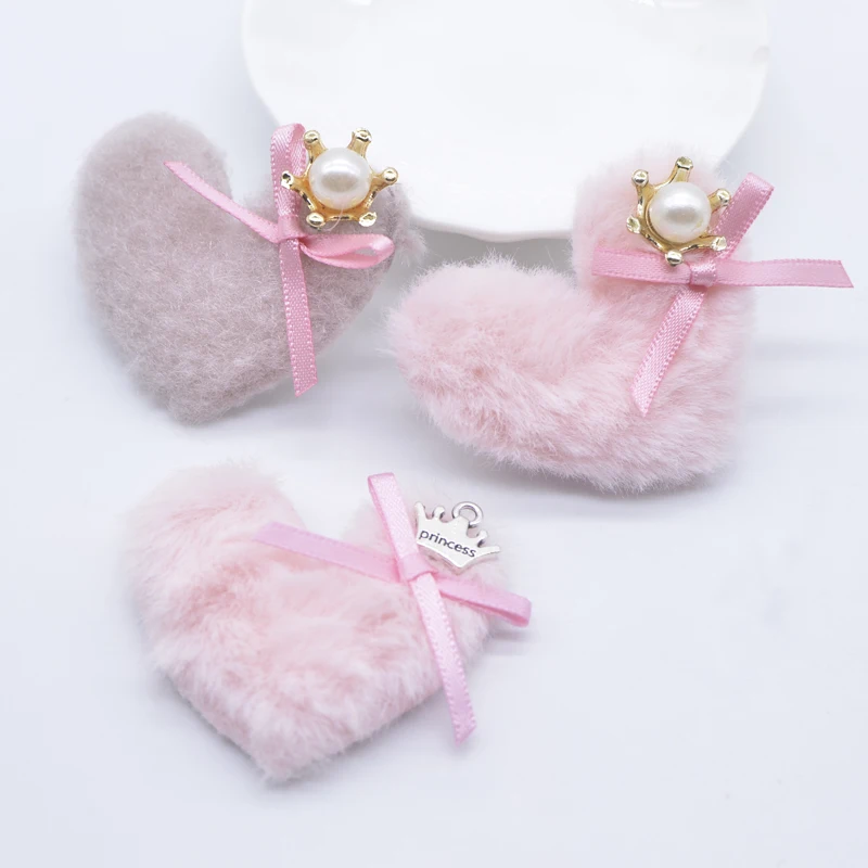 

10Pcs 50*45mm Padded Plush Heart with Bow Alloy Crown Appliques for DIY Clothes Hat Leggings Headwear Shoes Sewing Patches