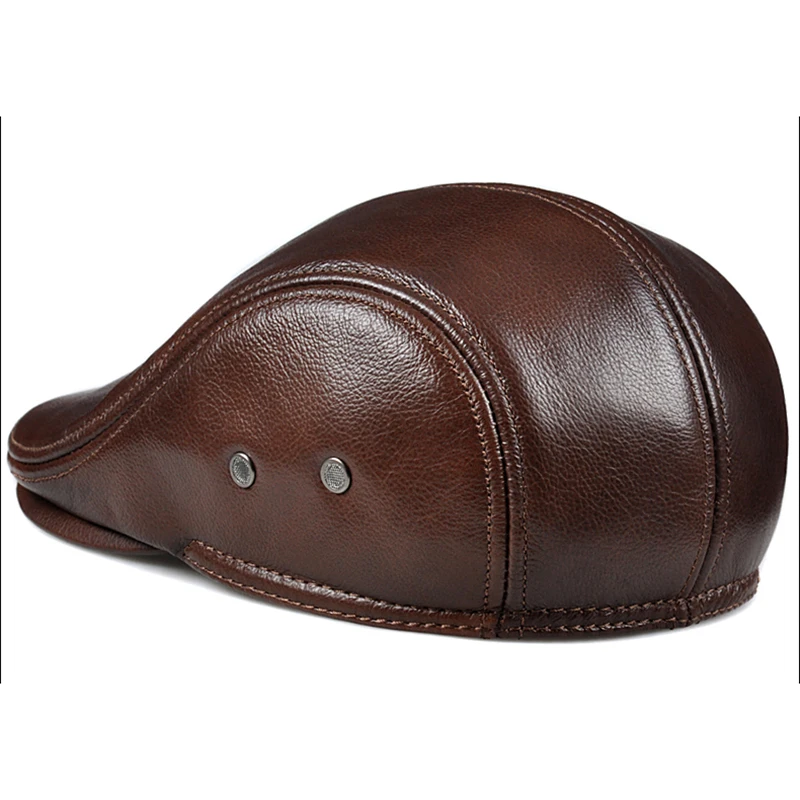 Fashion British Beret Men Genuine Leather Flat Cap Brown Male Earflaps Vintage Ivy Hats Autumn Luxury Directors Caps Gatsby