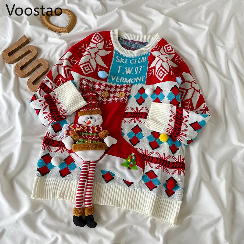 Spring Autumn Women Vintage Knitted Pullovers New Sweet Cute Christmas Style Loose Sweater Winter Girly Harajuku Chic Knitwear