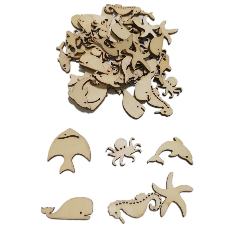 50pcs Unfinished Wood Cutouts Sea Animal Star Fish Shaped Wood Pieces for Kids DIY Art Craft Wood Ornaments Decoration