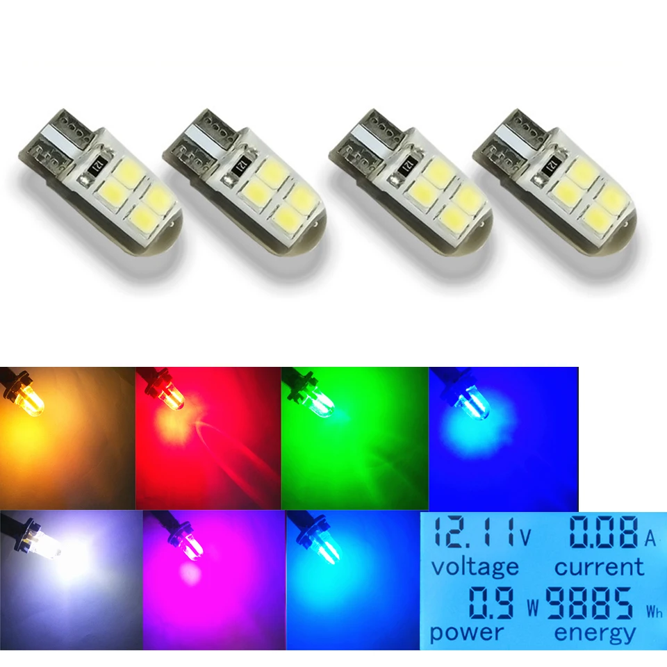 4PCS T10 LED W5W Car Light Bulb 8 SMD Silica Gel High Bright Door License Plate Wedge Dome Reading Signal Lamp 12V White Yellow