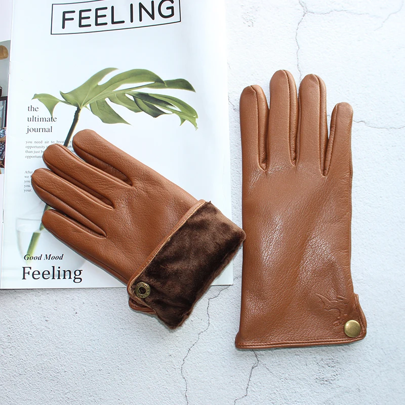 Goatskin Deerskin Gloves Men\'s Autumn Thin Wool Winter Plus Cashmere Cold and Warm Yellow-Brown Finger Leather Gloves