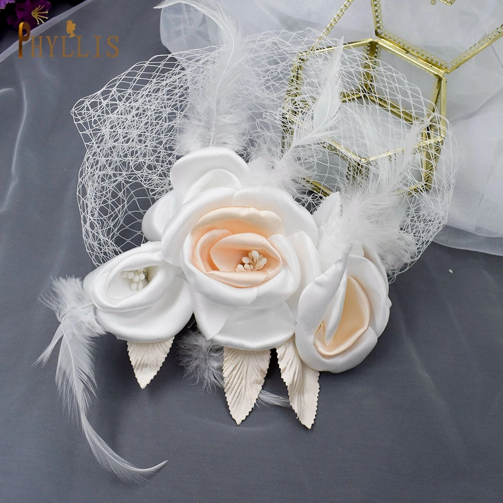 JM01 White Flower Feather Bridal Net Birdcage Veil Charming Wedding Veil Fascinators Hats Bride Wedding White Headpiece Headwear