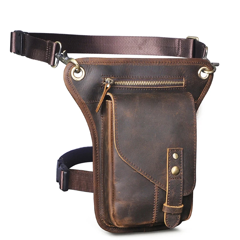 2021 Crazy Horse Leather Small Satchel Cross-body Bag Design Travel Fanny Belt Waist Pack Drop Leg Thigh Bag For Men Male 211-6