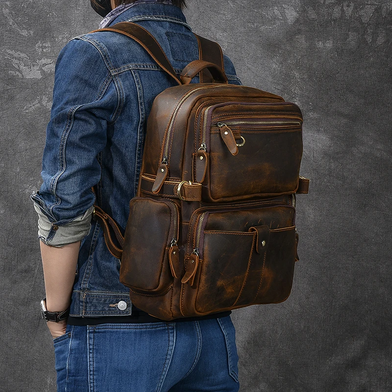 Retro Crazy Horse Leather Men's Backpack Laptop Bag Multi-pocket Schoolbag Men Travel Backpacks Shoulder Bags Cowhide Vintage