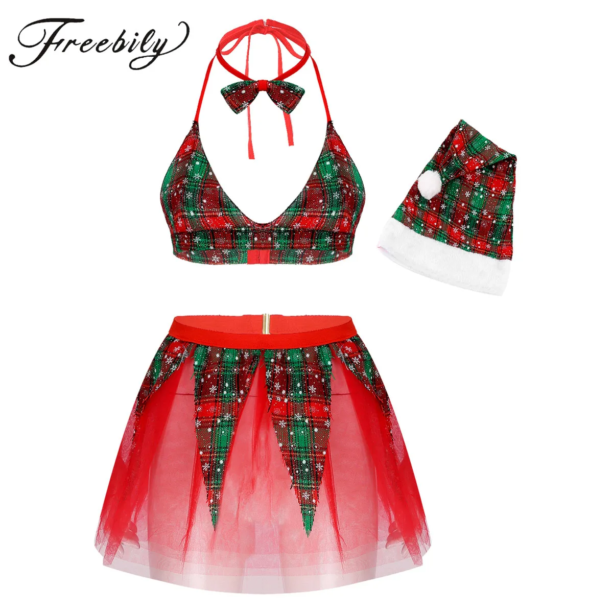 Damska sukienka świąteczna komplet bielizny Halter Neck Spaghetti pasek Top biustonosz z Mini czerwona siatka spódnica Sexy Claus Santa bielizna