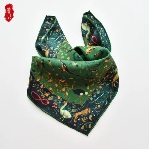 Bufanda de seda natural de lujo verde militar para mujer, bufandas de sarga de seda 100% con estampado de pájaro de primavera, chal envolvente, pañuelo cuadrado de 50cm para mujer