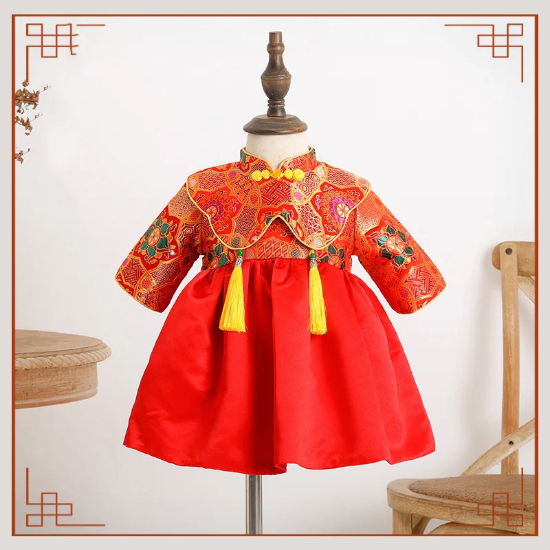 

Girls New Year Outfits Chinese Lovely Tang Suit Children Embroidery Traditional Party Dress Kids One Year Old Birthday Clothing