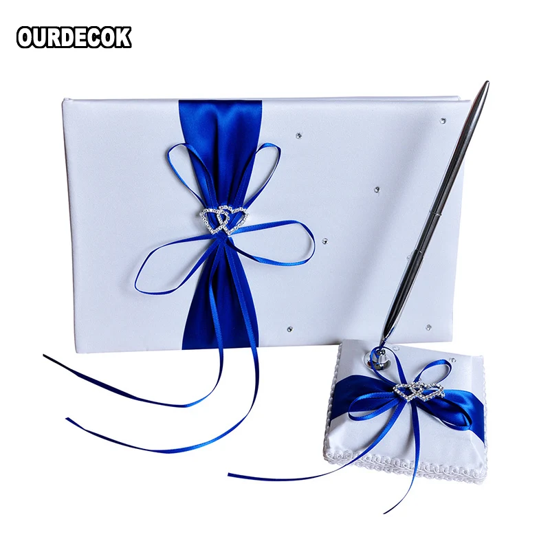 2Pcs/set Wedding Satin Signature Book Pen Set Rhinestone Bowknot Pearl decor Wedding Party Products Supply