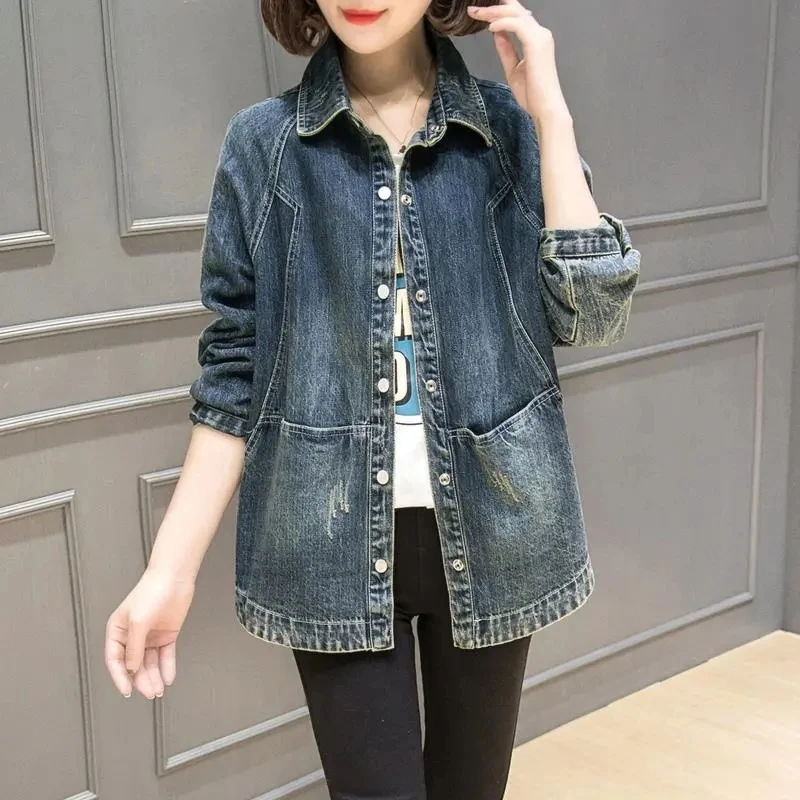 New Spring Autumn Denim Jeans  Jackets Women Long Sleeve Stretch Hole Jean Outerwear Female Casual Denim Coats 3XL W715