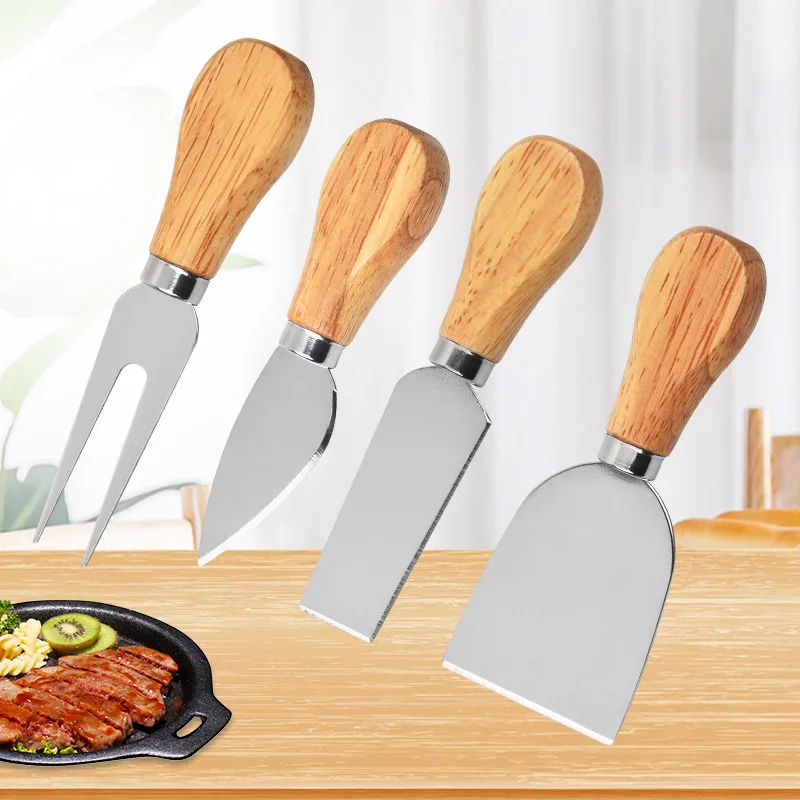 

4pcs/set Stainless Steel Cheese Knives Oak Handle Cheese Cutter Cheese Board Butter Spatula Kitchen Cheese Tools