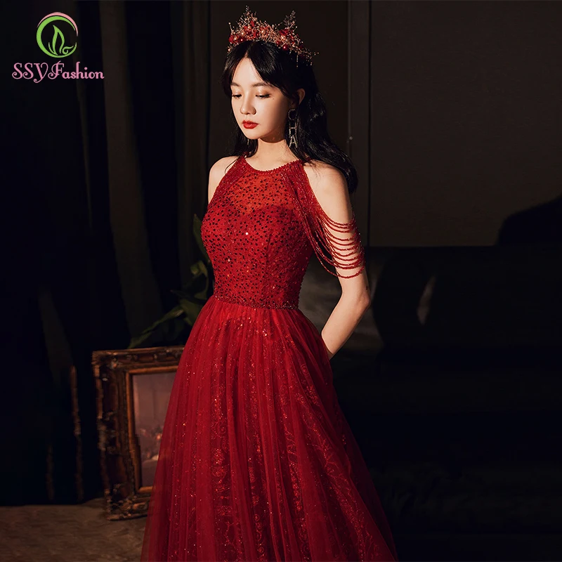 Customized Luxury Sequins Evening Dress Banquet Elegant Halter Wine Red Crystal Beading Prom Formal Gown Vestido De Festa