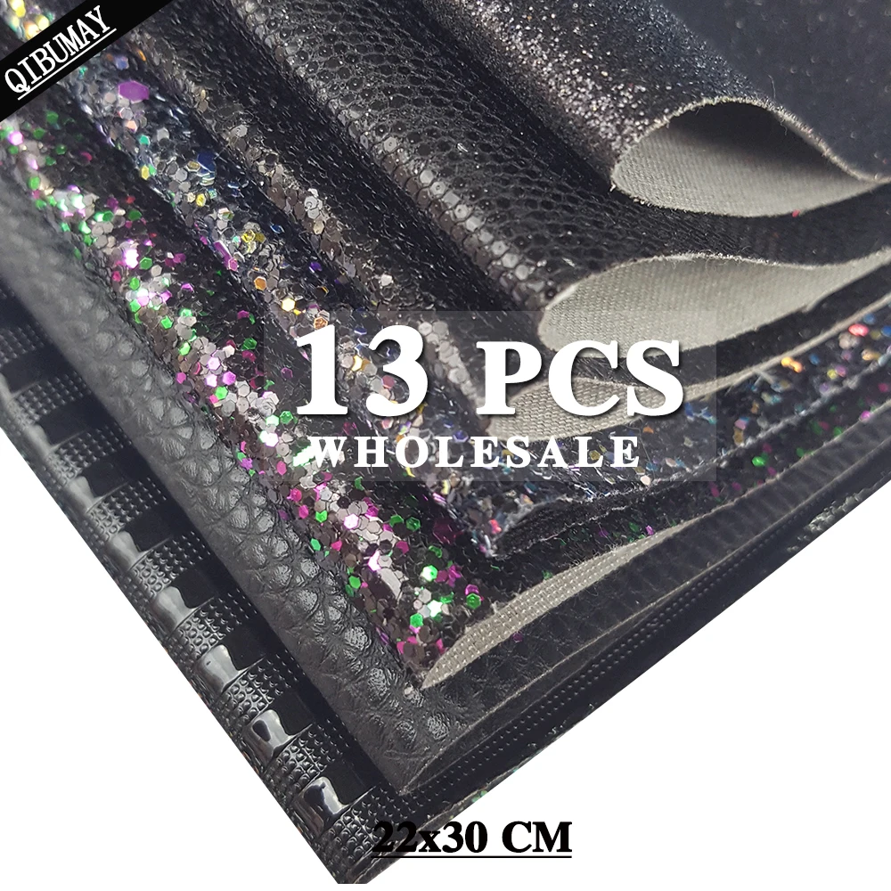 QIBU 22*30cm 13pcs Black Faux Leather Sheets Chunky Glitter Fabric Material A4 PU Leather DIY Hair bow Earring Bags Accessories