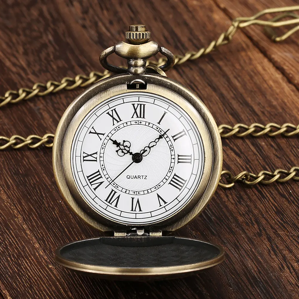Roman Numerals Display Dial Exquisite Black/Silver/Bronze/Gold Quartz Pocket Watches Men Retro Pendant Clock with Pocket Chain