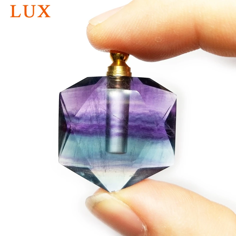 Natural Rainbow Fluorite David Star Perfume Bottle Pendant, Hexagon Essential Oil Diffuser Charm for Necklace, Crystal Jewelry