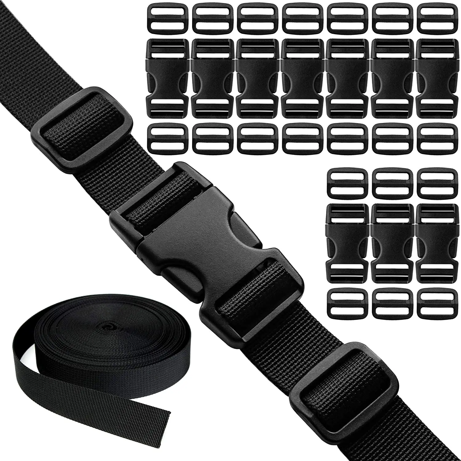 

Buckles Straps Set,10 pcs Quick Side Release Plastic Buckle + 12 Yard Nylon Webbing Strap + 20 pcs Tri-Glides Slide