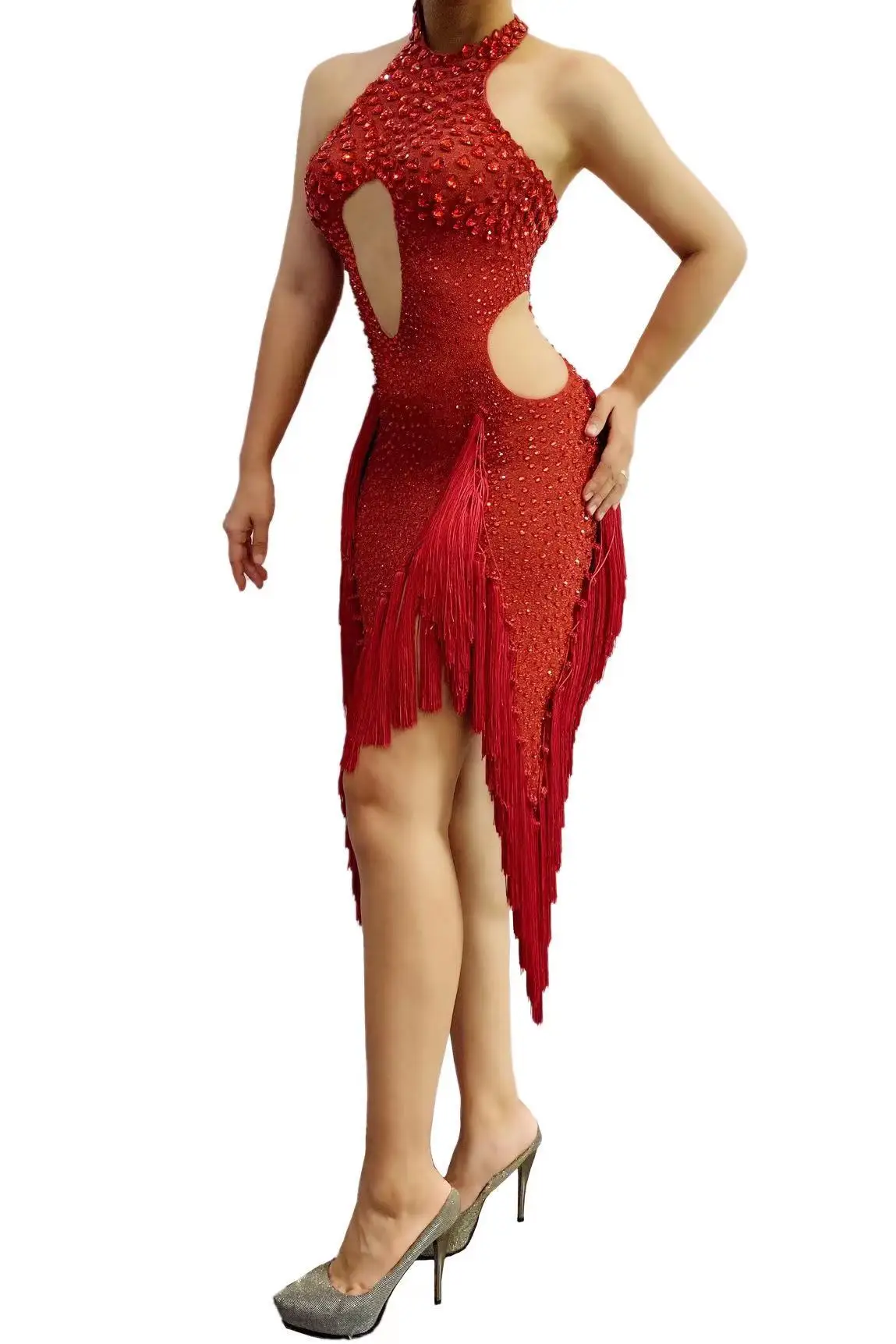 Nowe kobiety seksowna scena czerwone świecące kryształy sukienka w stylu latynoskim wieczorowe urodziny świętuj ślub seksowne sukienki z frędzlami sukienka do tańca