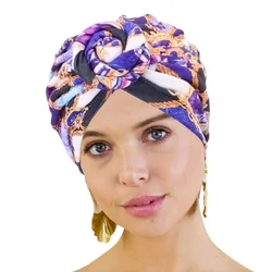 Turbante de algodão para mulheres, padrão africano, envoltório de cabeça de nó de flor, bandana, chapéus, boné quimio, envoltório árabe indiano, lenço feminino