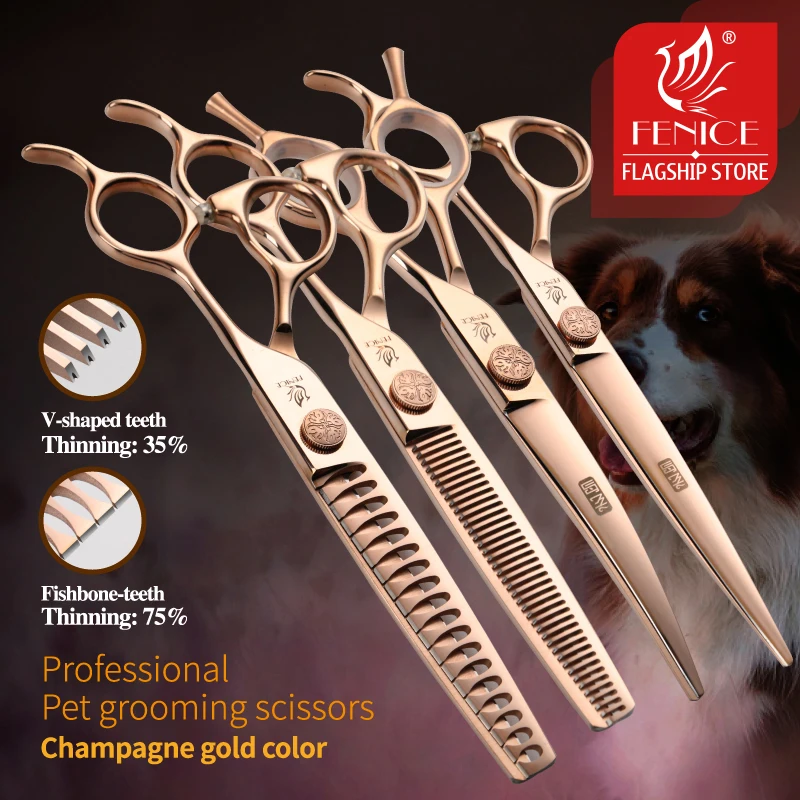 Fenice Japan 440C Stainless Steel Dog Grooming Straight Curved Thinning Chunker Shear Set Professional Groomer Tools