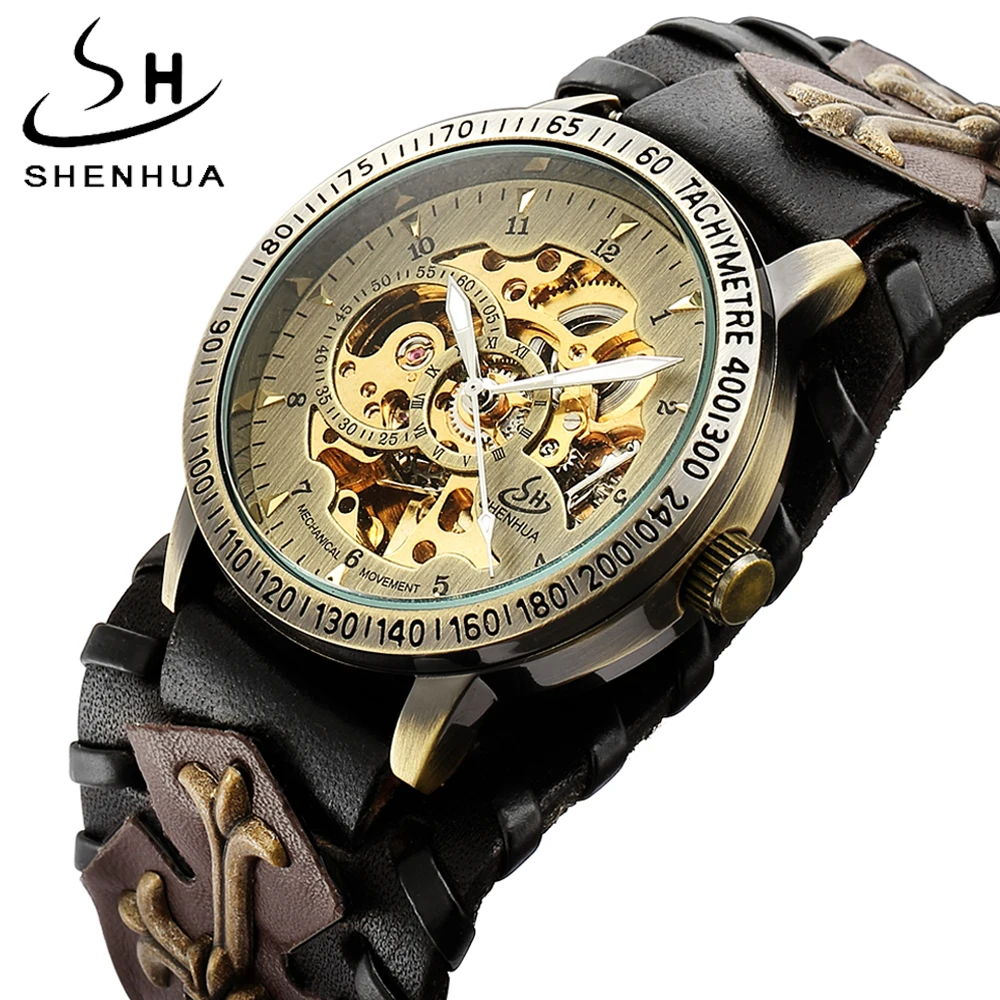

Antique Skeleton Dial Men Automatic Mechanical Watch Retro Gothic Clock Steampunk Self Winding Watches Brown Rock Reloj Hombre