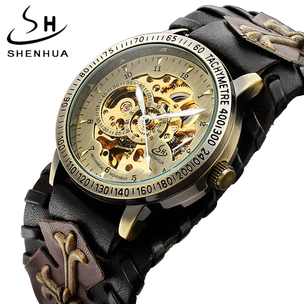 Antique Esqueleto Dial Homens Relógio Mecânico Automático Relógio Gótico Vintage Steampunk Self Winding Relógios Brown Rock Reloj Hombre