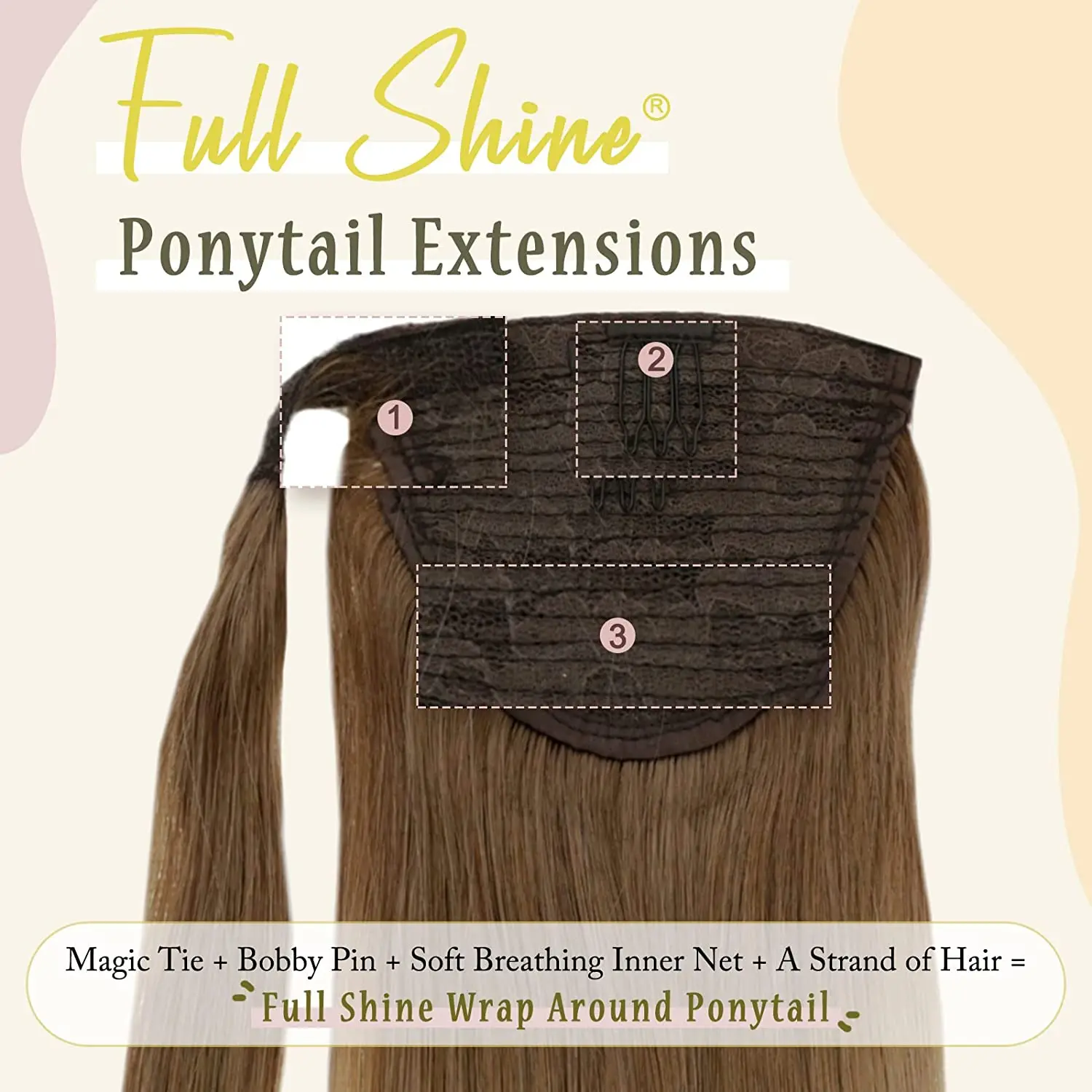 Full Shine Ponytai Human Hair 70g/80g Lightest Brown Fading to Golden Blonde Remy Hair Extensions Human Hair Ponytail