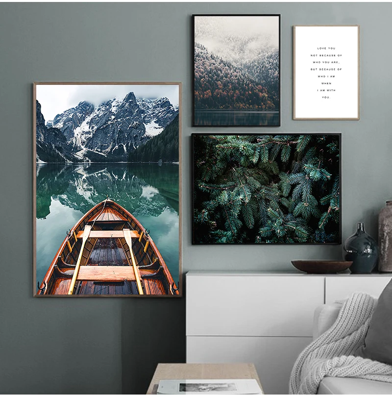 Nordic Snowing Landscape Forest Deer Poster Animal Lake Boat Christmas Leaves Snow Mountain Prints Painting Nature Picture Decor