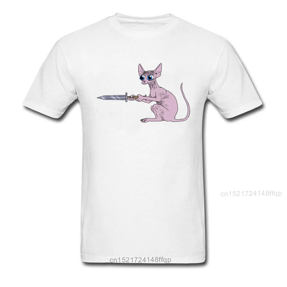 Creative Design Sphynx Swordsman Black T-shirt Canadian Hairless Cat Print Cartoon Tops Men Short Sleeve Fun Tee Shirt