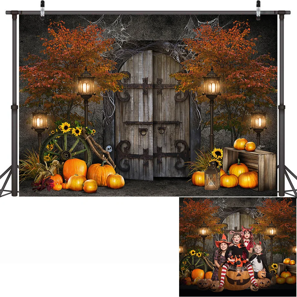 Halloween Photo Backdrop Pumpkin Lantern Scary Night Full Moon Photography Background Halloween Family Party Portrait Photoshoot