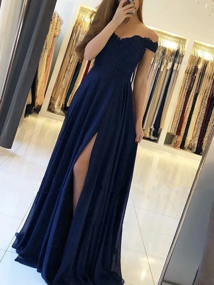 

Navy Blue 2021 Prom Dresses Off the Shoulder A-Line Lace Side Slit Sweetheart Chiffon Long Prom Gown Evening Party Dress