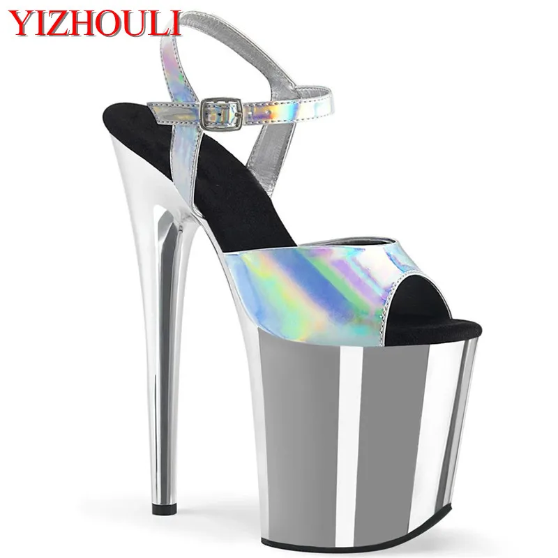 Party stage shoes with 8-inch heels, silver plated 20-cm stiletto sandals, sexy model pole dancing shoes