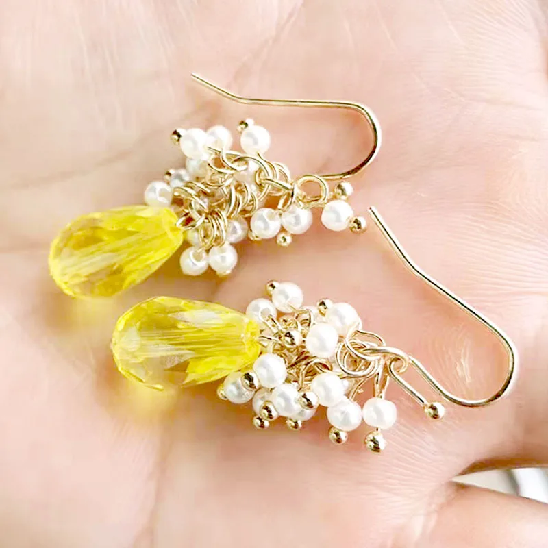 Yellow Gemstone Pearl Earrings Aquamarine Earrings Silver Pearls Earrings