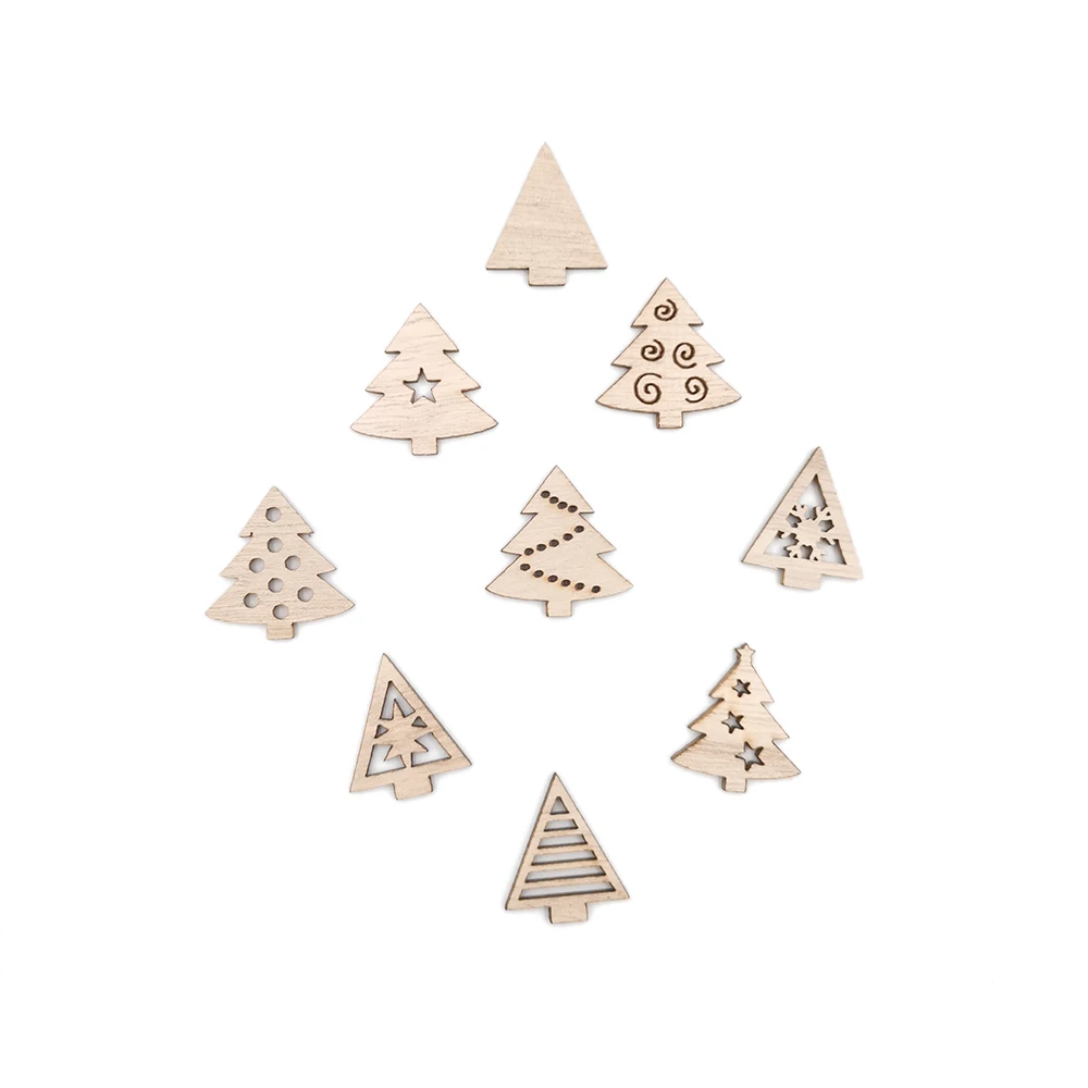 50pcs Christmas DIY Assorted Wooden Xmas Tree Cutouts Craft Embellishment Gift Tag Wood Ornament for Christmas Weding Decor