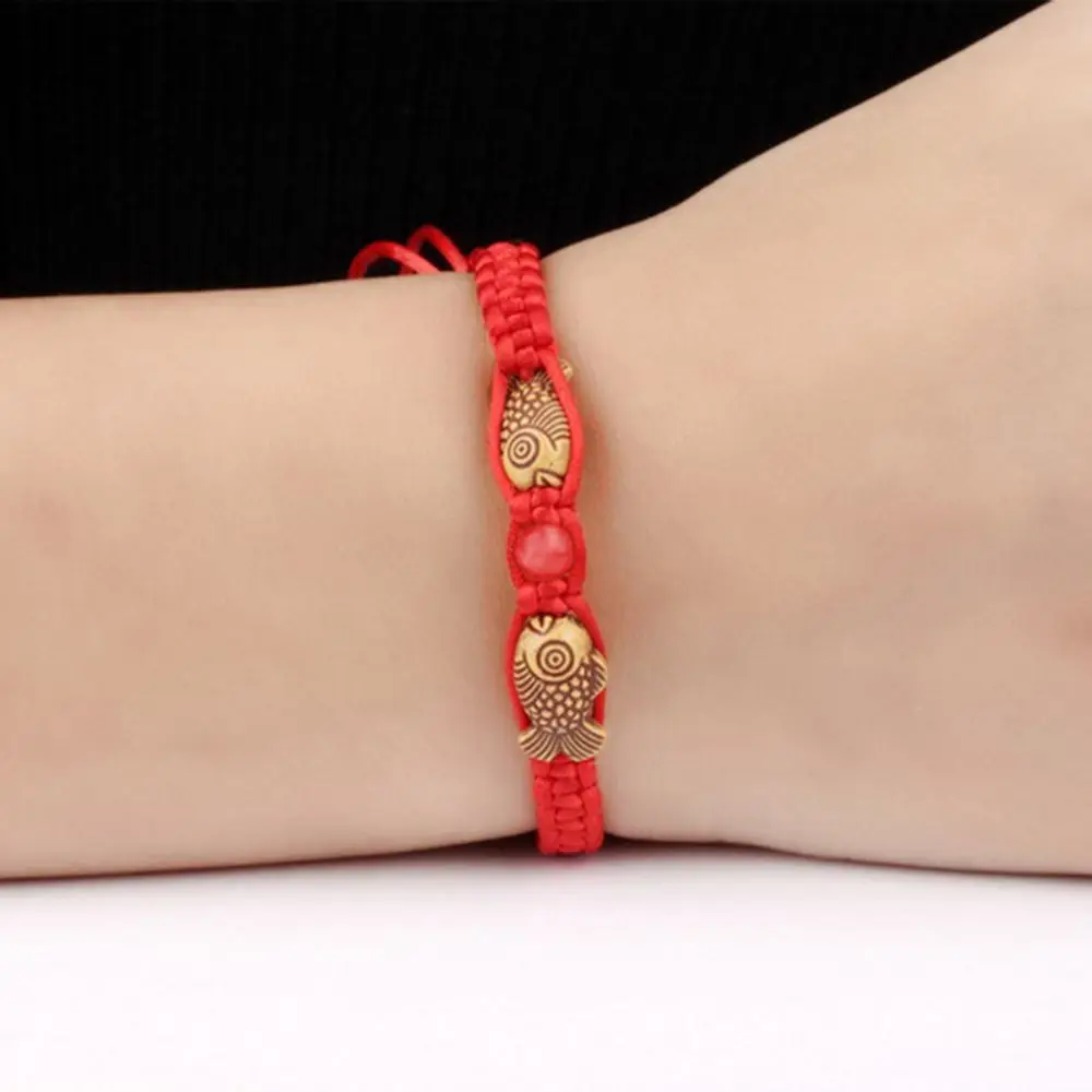 Feng Shui Red String Double Fish Lucky Wooden Twin Charm Bracelet Red Thread For Good Luck Wealth Handmade Chinese Jewelry