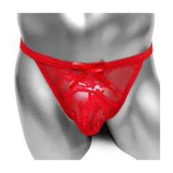 Sexy Men Floral Lace Thong Bikini Underwear See through Thin Male T-Back Panties Sissy Pouch With Penis  Erotic  Underpants