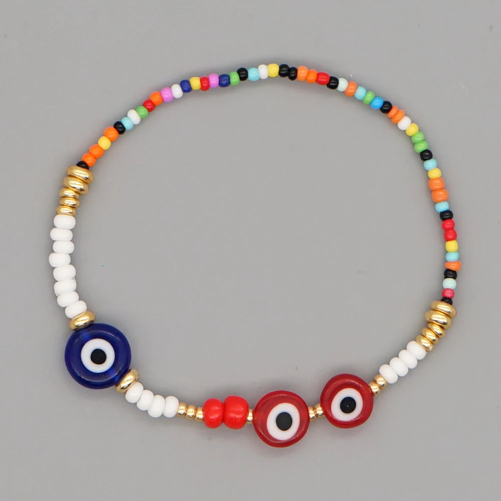 GO2BOHO The Eyes of Blue & Red Coloured Glaze Evil Bracelet Charm Jewelry CN 13/O Colorful Beaded Bracelets