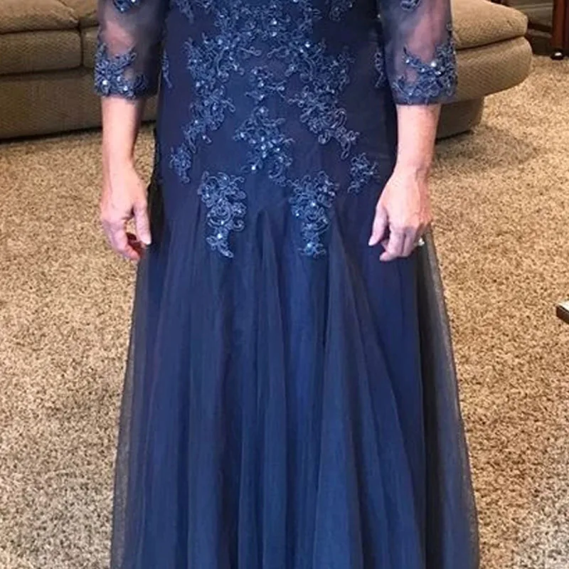 2021 azul mãe da noiva vestidos a linha 3/4 mangas tule apliques frisado plus size longo noivo mãe vestidos para casamentos