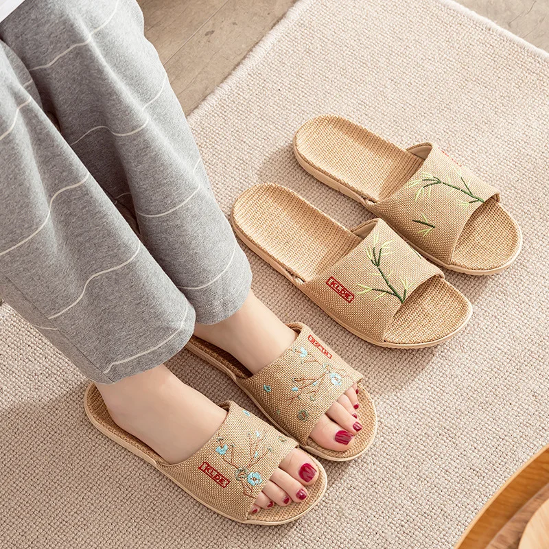 Glglgege 2021 Summer New Women's Slippers Embroidered Open-toe Couple Fabric Slippers Light Linen Home Comfortable Slippers