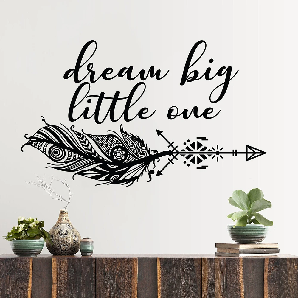 Feather wall decal dream big little one boho arrow Wall decals Quotes Vinyl bedroom Wall decor girl room decor sticker X853