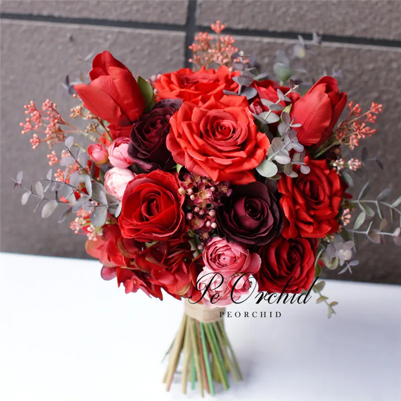 PEORCHID-Ramo De Novia rojo Artificial, Ramo De flores para boda, Accesorios Vintage 2021