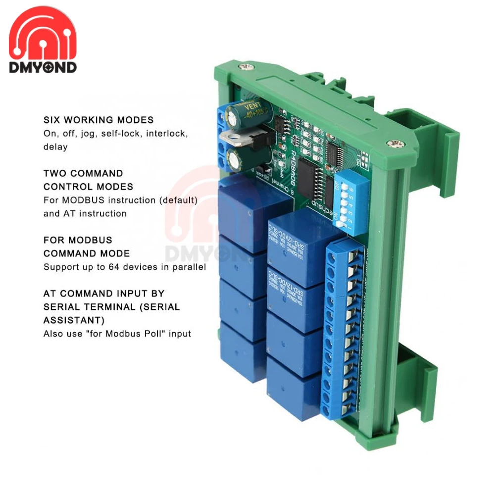 DC 12V 8 Ch RS485 Relay Board Modbus RTU UART Remote Control Switch DIN35 Rail Box for PLC Automation Control Expansion Module