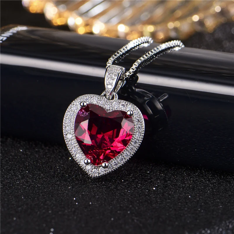 Bright Crystal Red Heart Pendant Necklace For Lady Engagement Accessories Trendy 925 Silver Necklace Choker Women Jewelry Gift